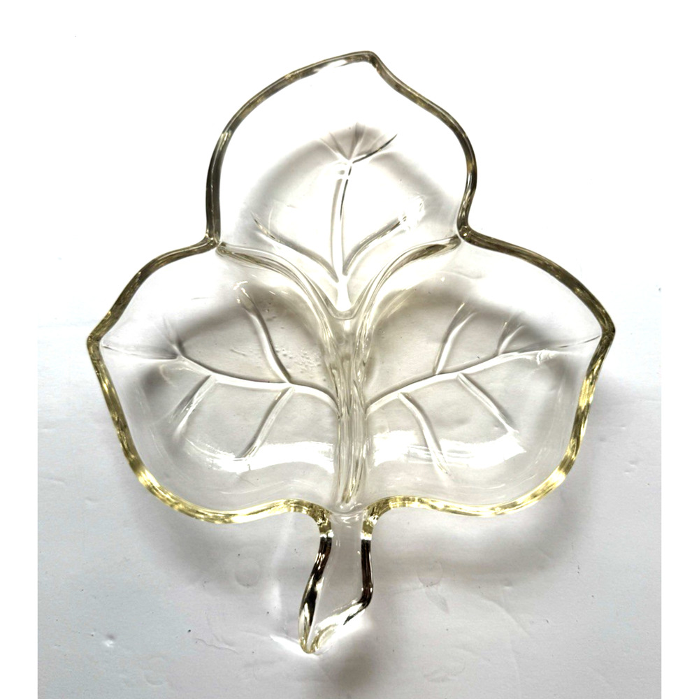 Vintage Hazel-Atlas Clear Glass Ivy Leaf 3 Part Divided Nut Candy Dish